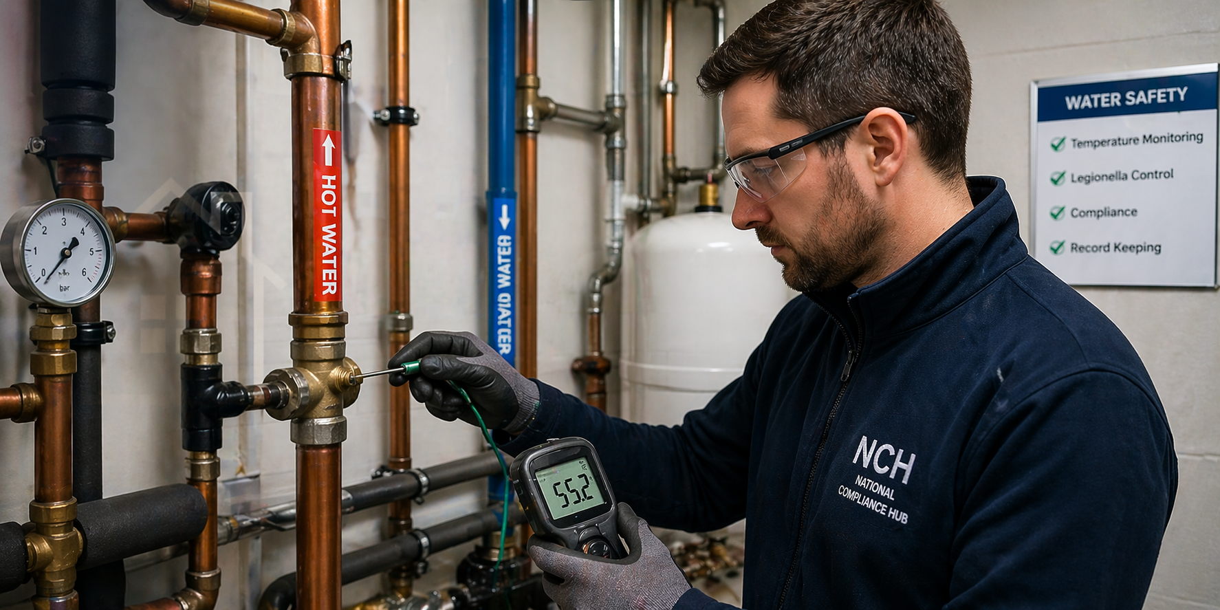 engineer checking water temperature during legionella monitoring